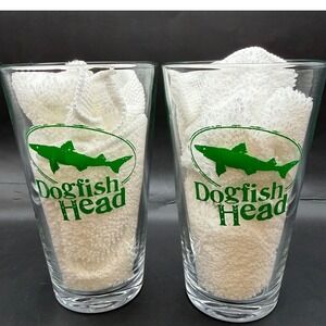 Dogfish Head Brewery Pint Glass Set of 2 Green Shark Logo‎ Off-Centered Ales 6in